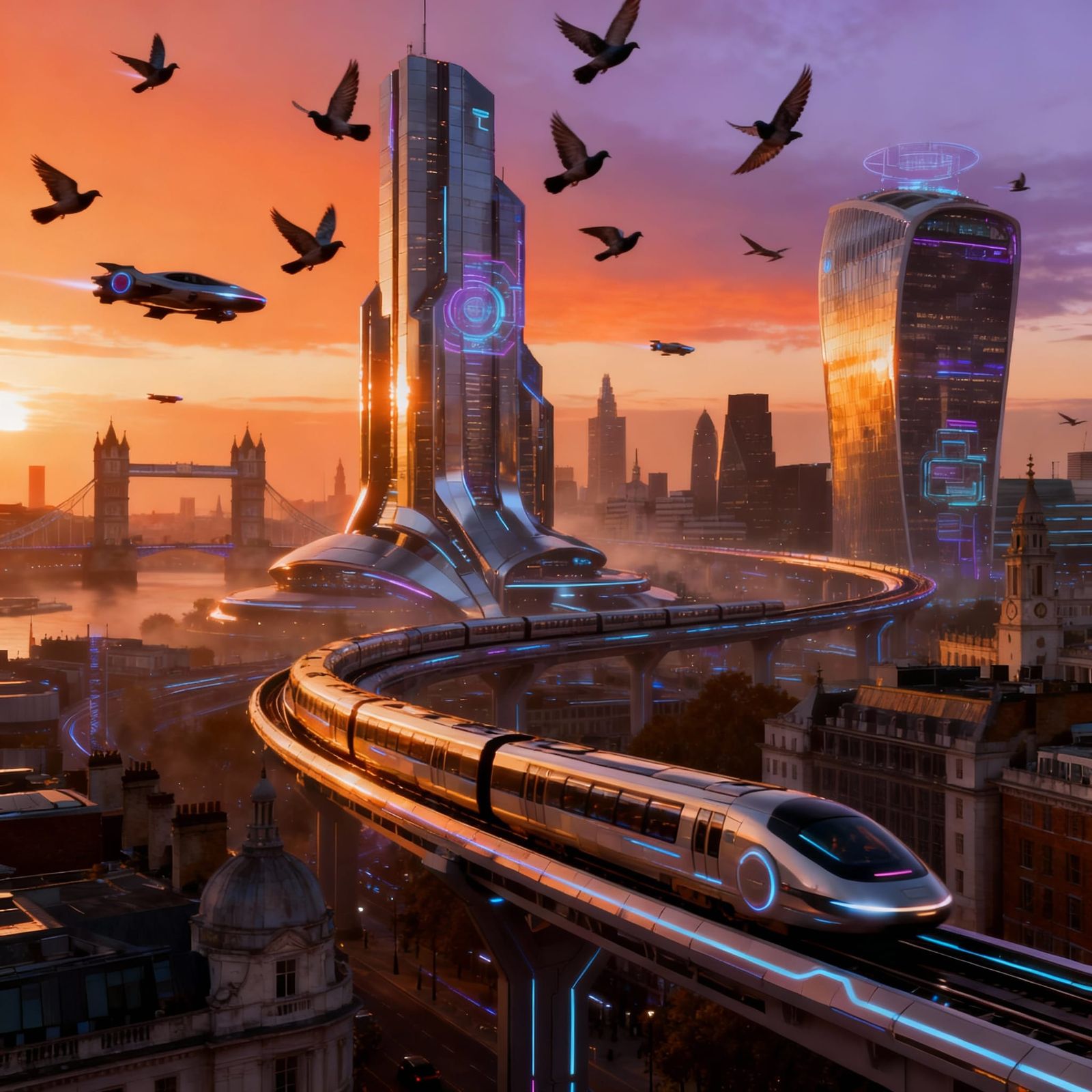 Futuristic London Train on Skyline Bridge