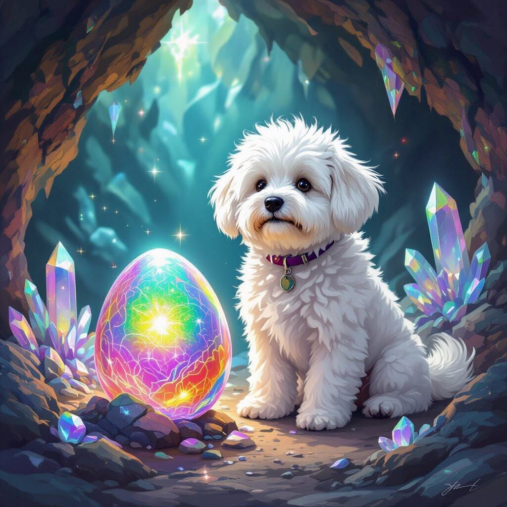 White fluffy dog dragon egg iridescent in a cave filled with crystals