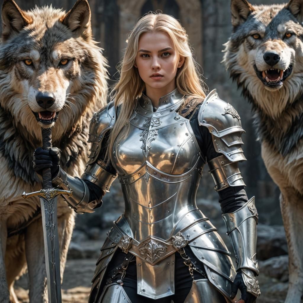 blonde young female knight with wolf - AI Generated Artwork - NightCafe ...