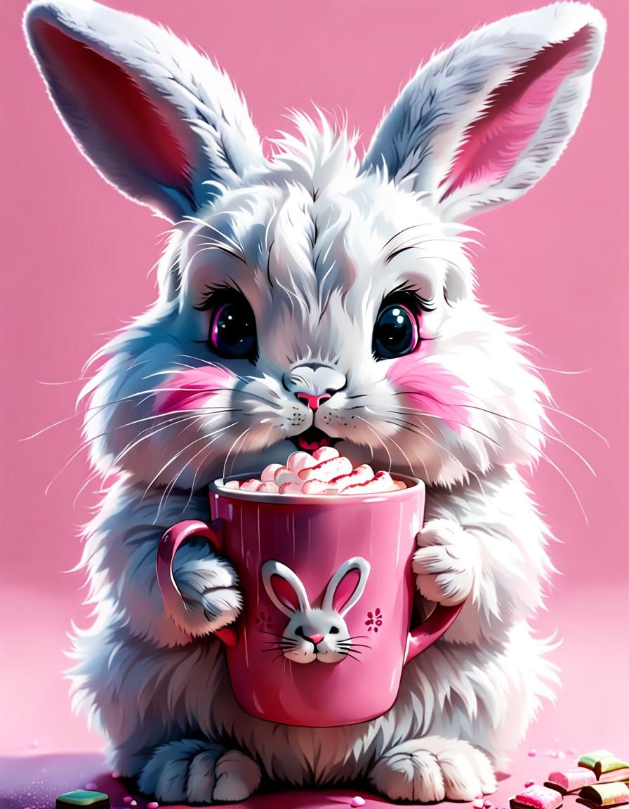 Funny adorable fluffy bunny drinking hot chocolate with pink wiskers - AI  Generated Artwork - NightCafe Creator