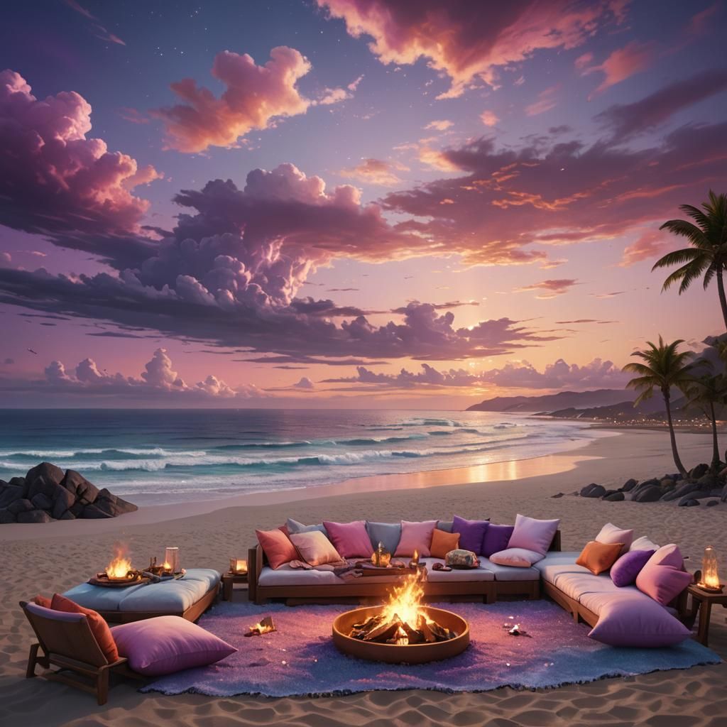 Iridescent Beach Picnic in a Fantasy Landscape
