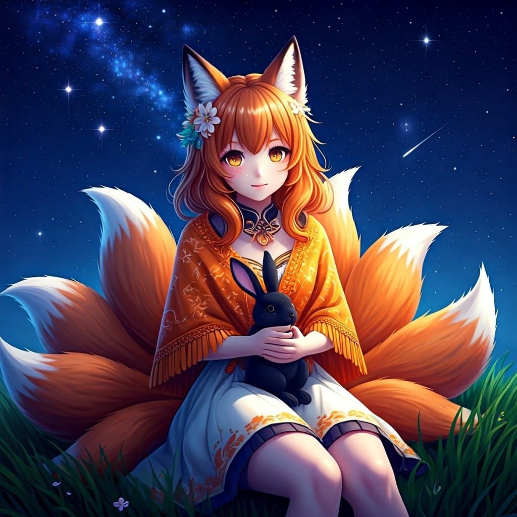 Whimsical Fox Anime Girl Under Starry Night Sky