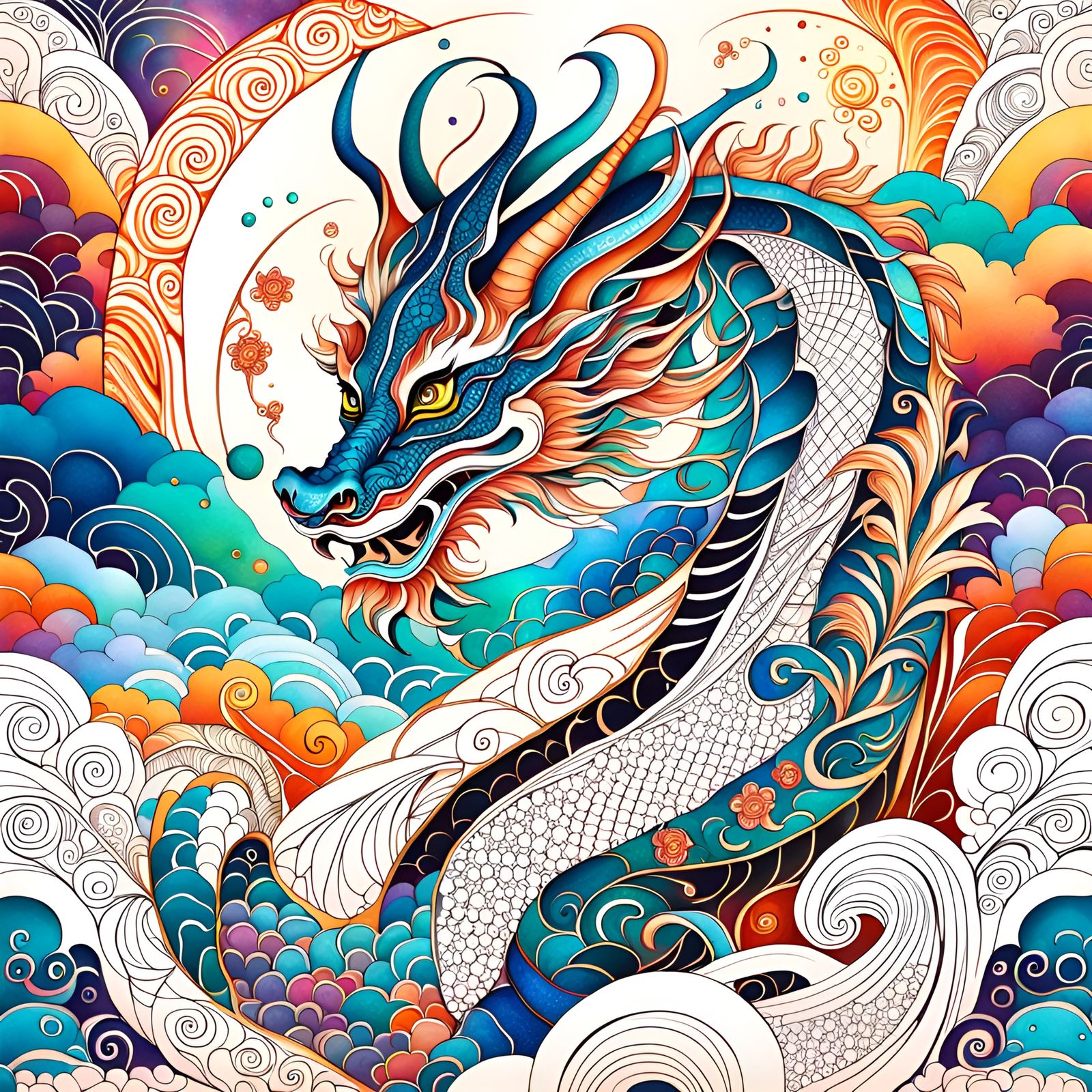 Cosmic Dreamscape Odyssey Chinese Dragon flowers ethereal ab...