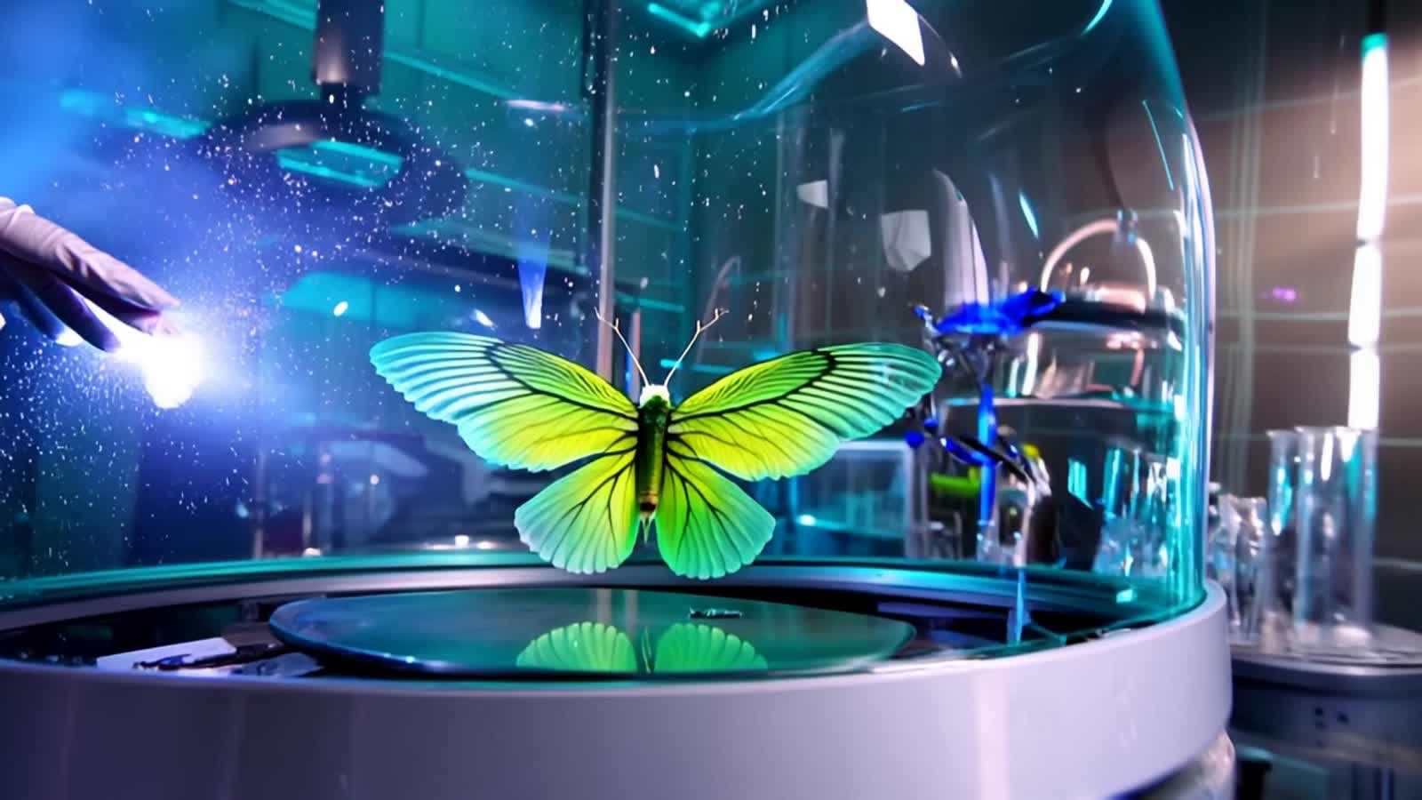 A surreal laboratory filled with neon blue and turquoise haze. Inside a glass dome, a luminous yellow-green butterfly sl...