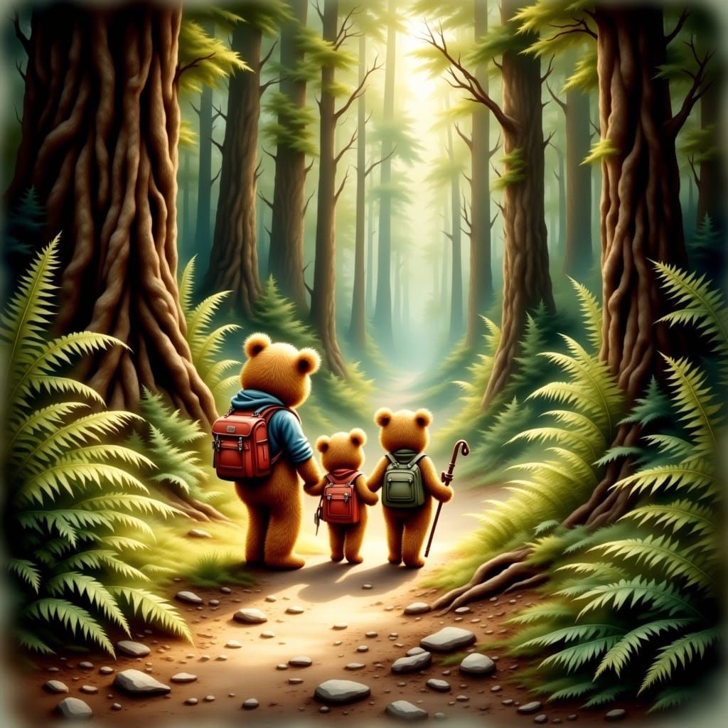 <lora:Antique Watercolor 2:1.0> 3 teddy bears and a kitten w...