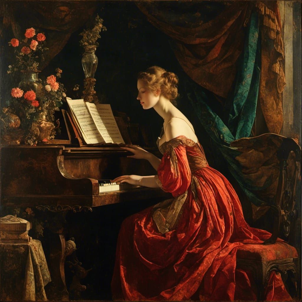 gorgeous woman playing piano <lora:Medieval Paintings:1.0>
