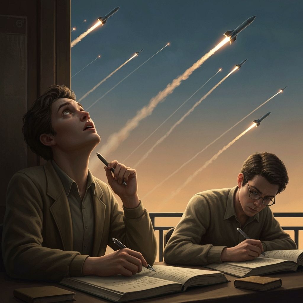 Students Study Amidst Rocket Barrage in Concept Art Style