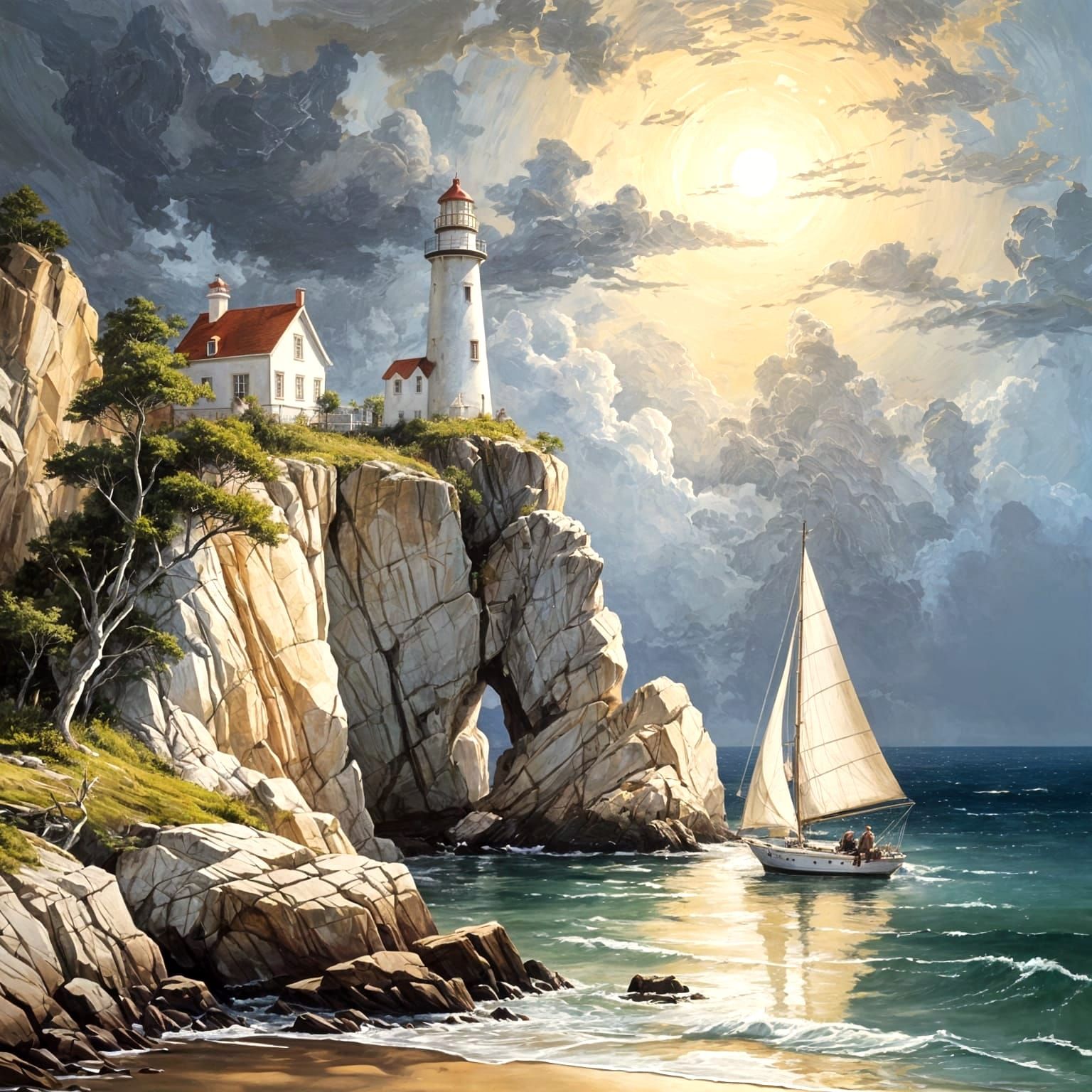 Lighthouse and sailboat  by @Sherkhal