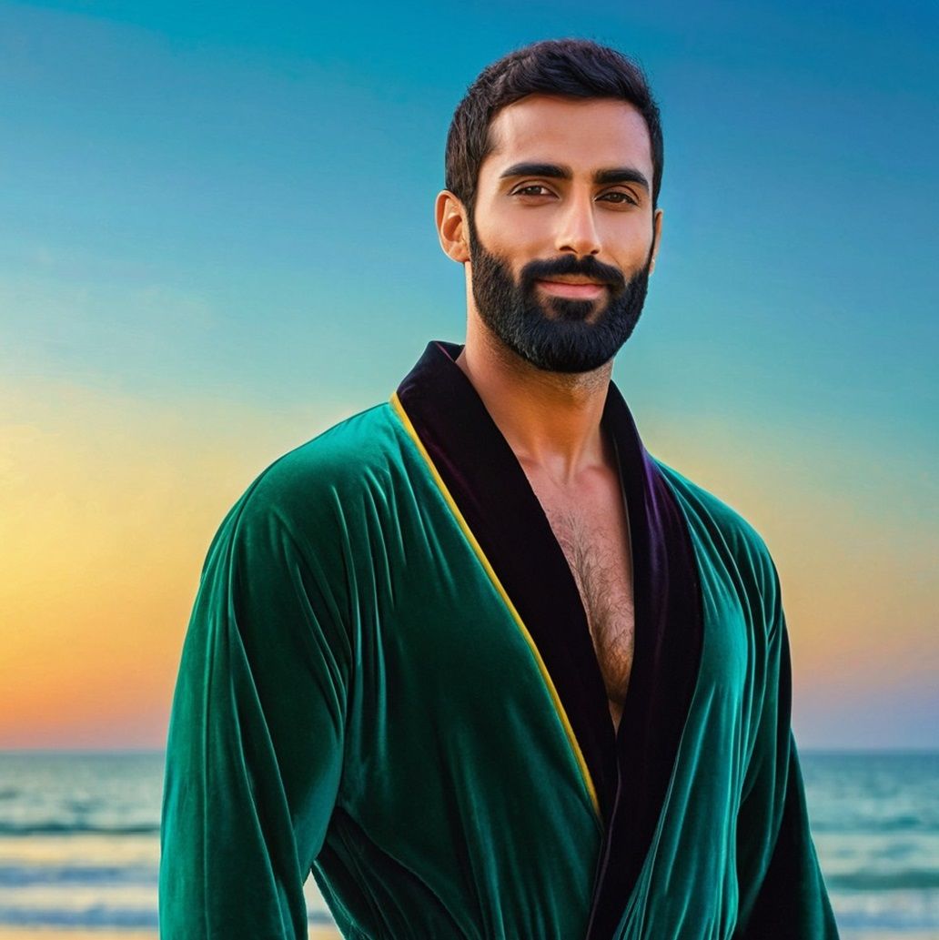 A handsome  bearded man wearing a   green velours  bathrobe