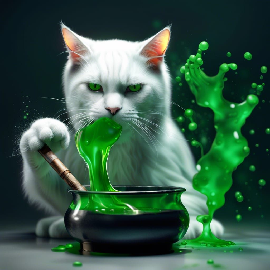 White cat making potions from a cauldron of green liquid clear face ...