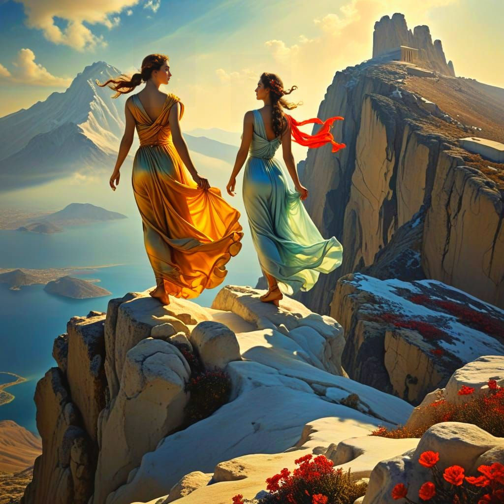 Elegant Ancient Greek Goddesses Conquer the Mountain Summit