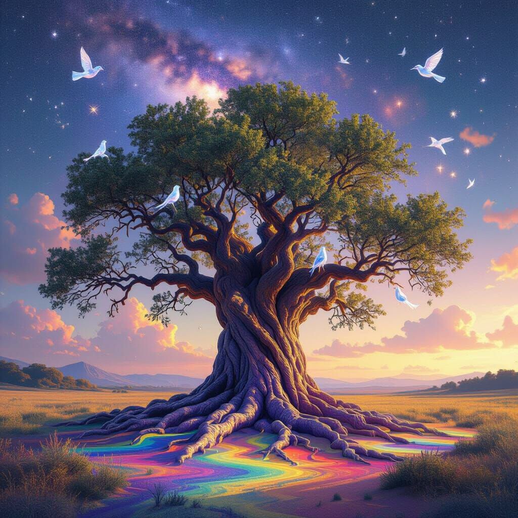 A colossal, ancient tree with roots of pure, polished amethyst, standing in a field of swirling, rainbow-colored sand, its branches reaching...