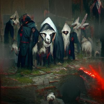 A group of hooded cultists surrounding a goat sacrifice