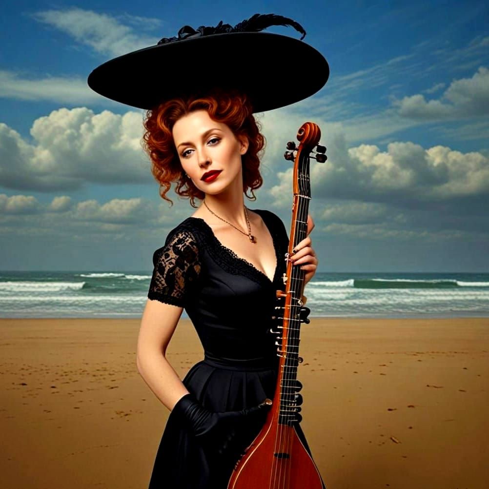 Surrealistic Portrait of a Happy Lady with a Musical Instrum...