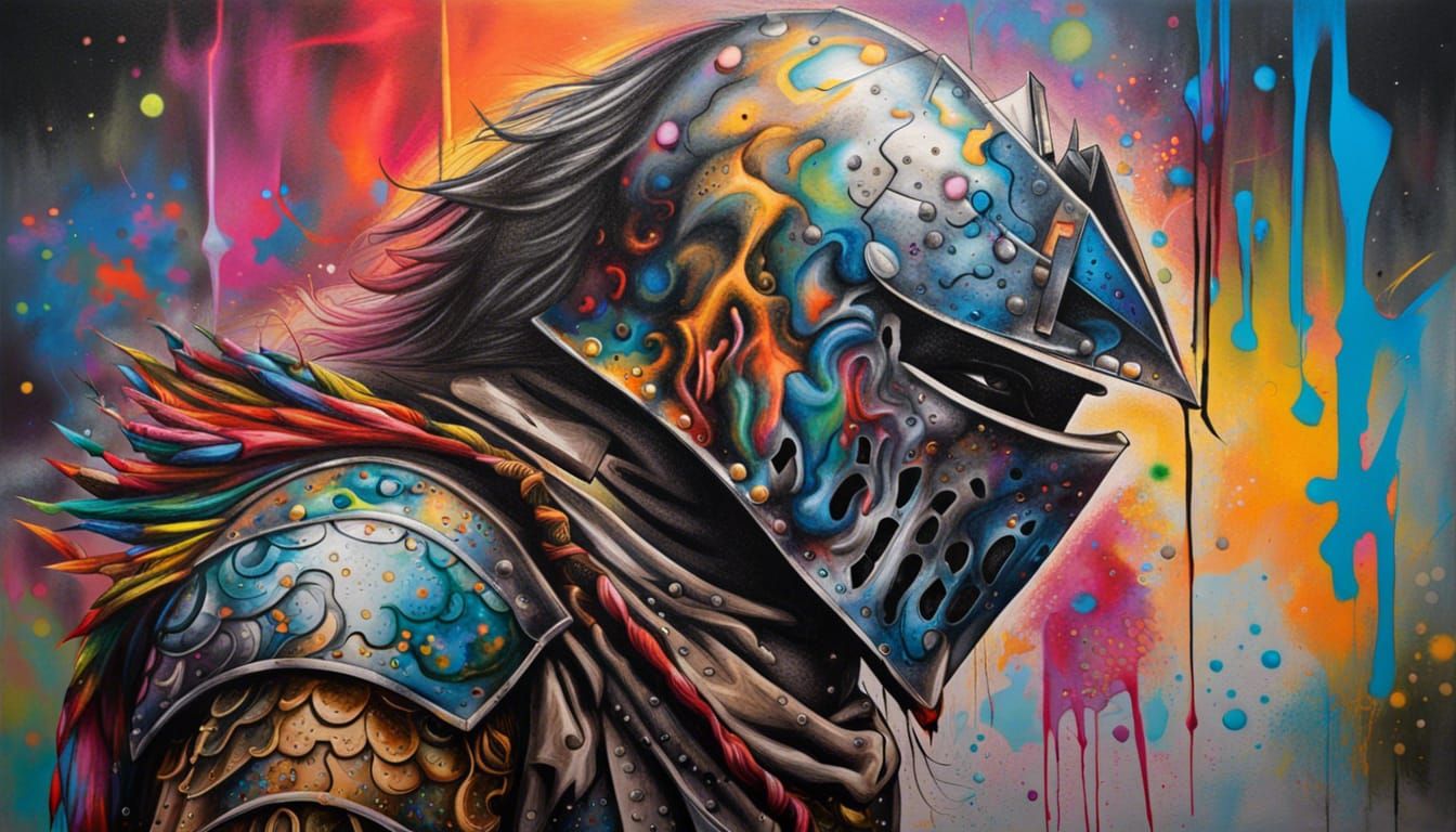 knight warrior with full color, graffiti art, splash art, st...