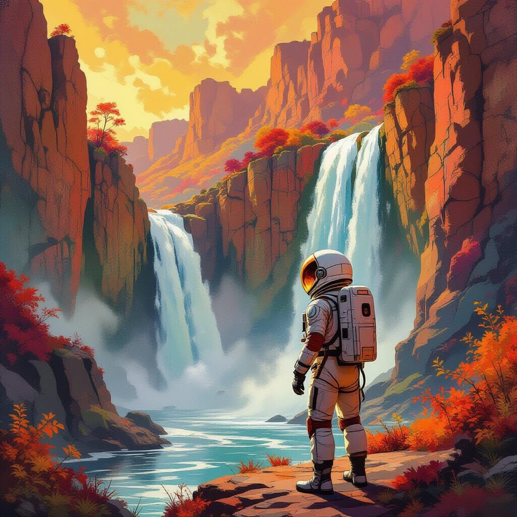 An astronaut on an alien world discovers a series of waterfalls 