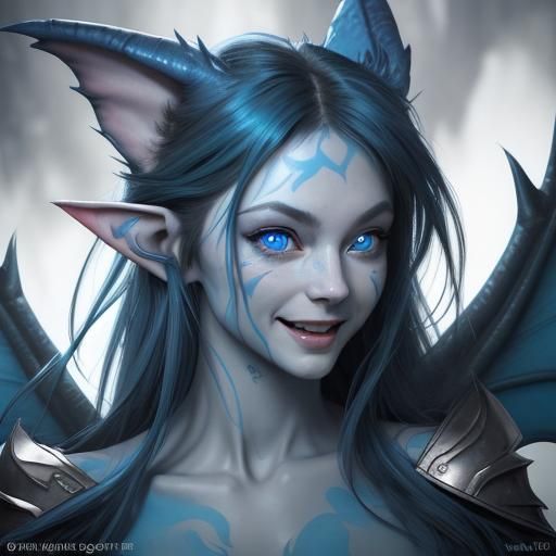 Male. gremlin dragon hybrid. Pointed ears. Vibrant blue wings, Smiling ...