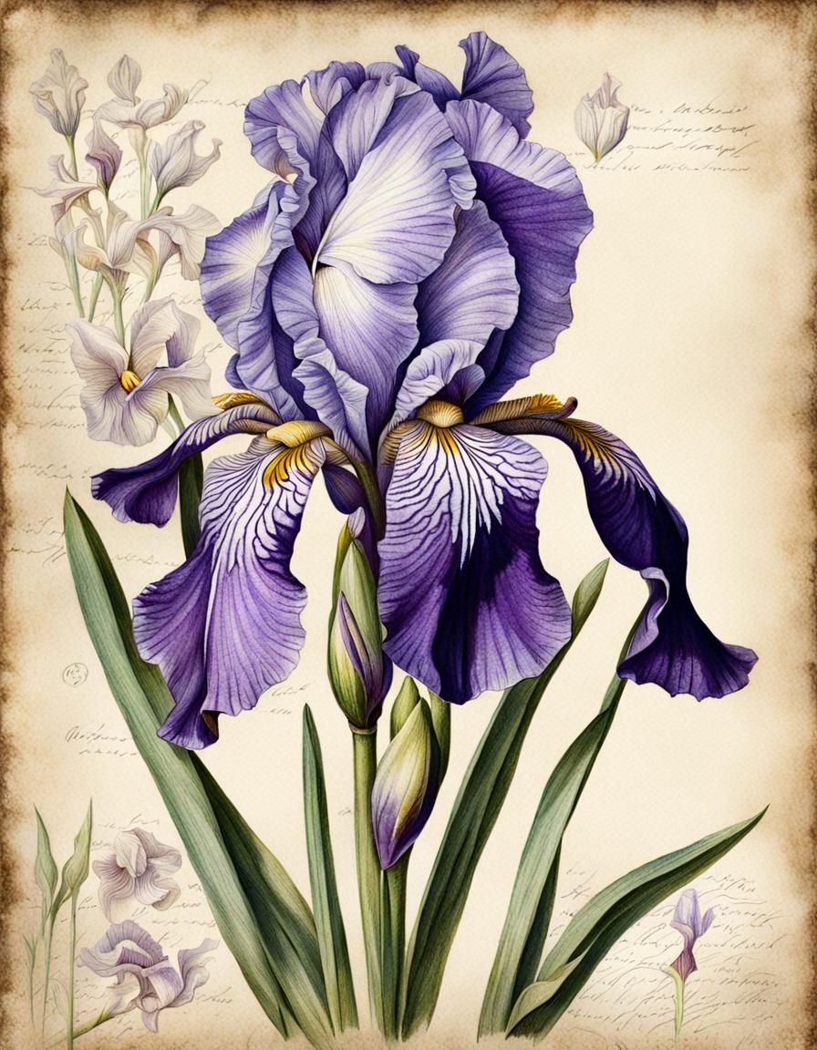 Iris Germanica botanical drawing, hyperdetailed, old papier,...