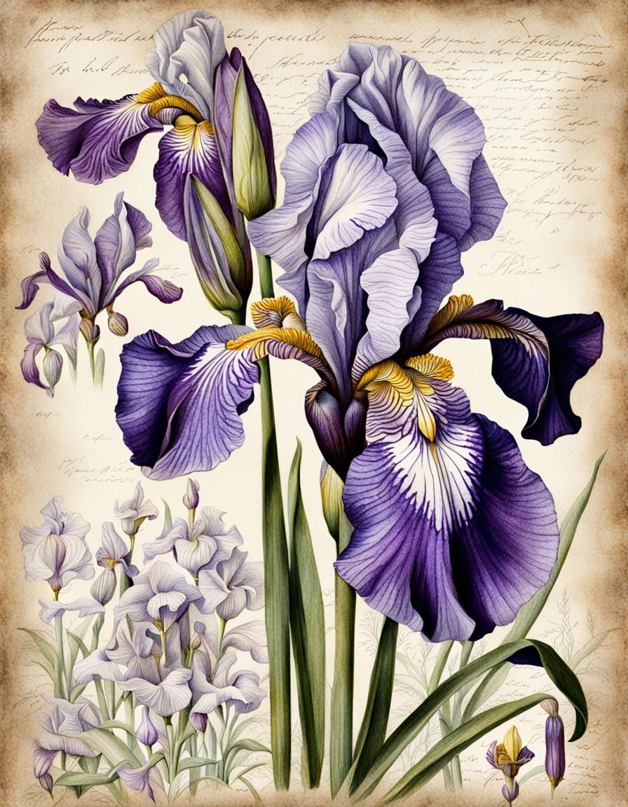 Iris Germanica, violet and white, botanical drawing, hyperde...