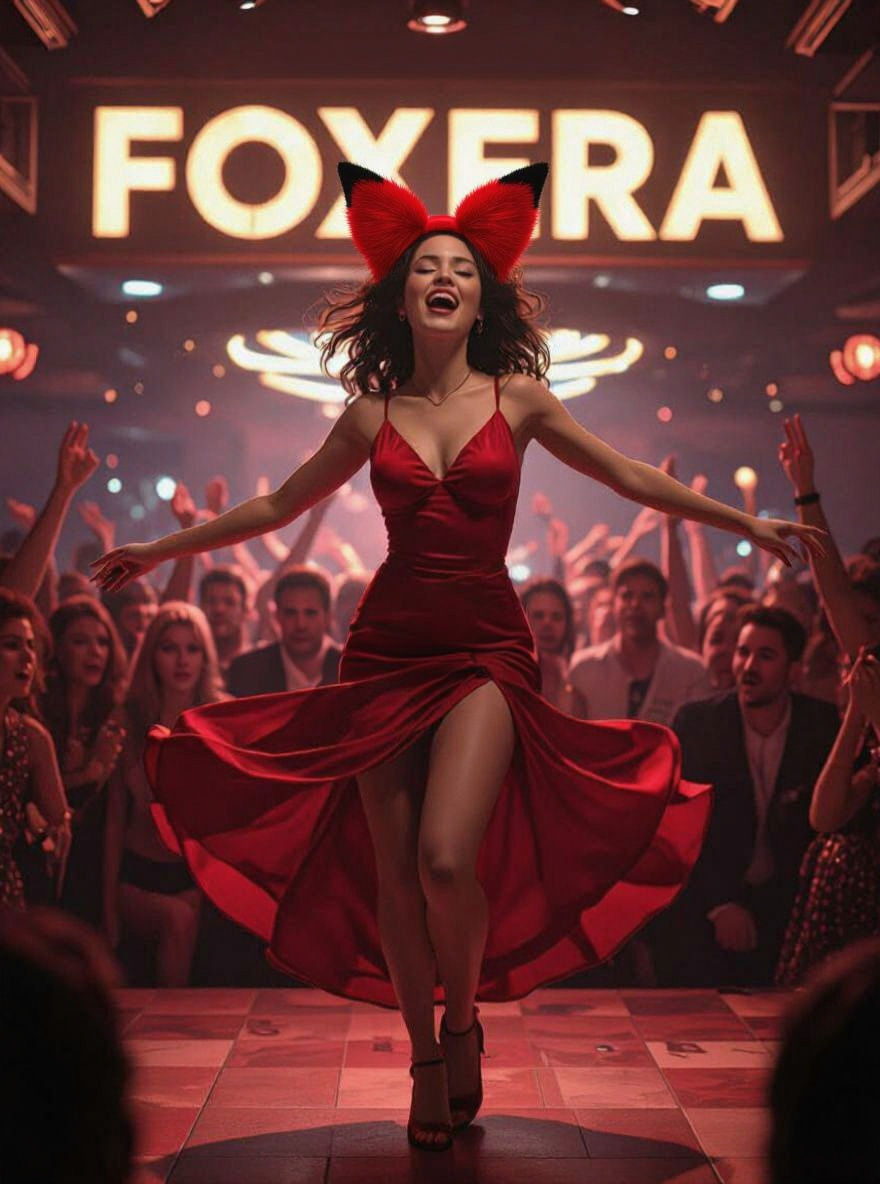 Club Promotional image, Club name Foxera  should be visible.
a girl enjoying and dancing in a blood red looking apparel. and crowed behind i...