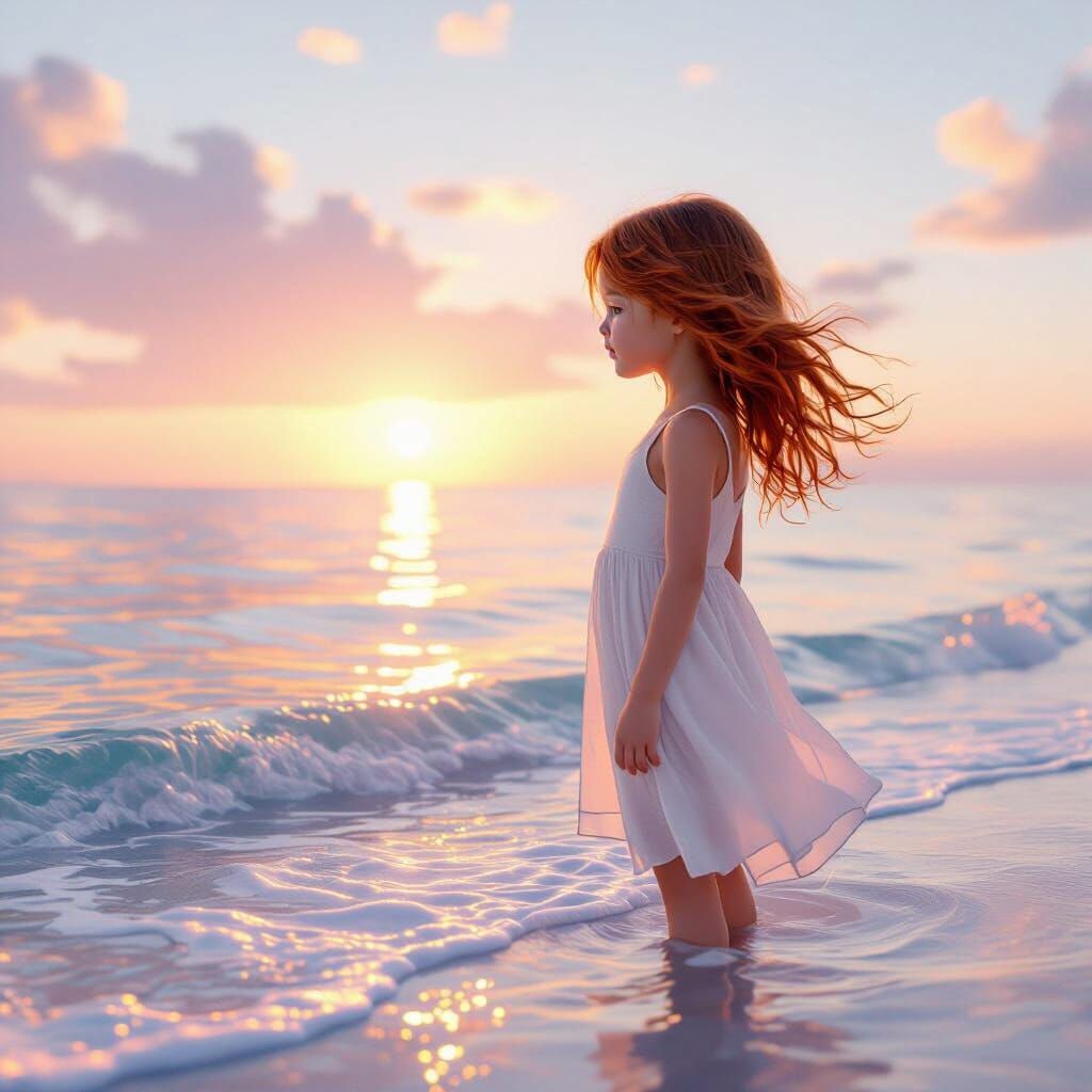 Girl by Shimmering Sea at Sunrise, 3D Render
