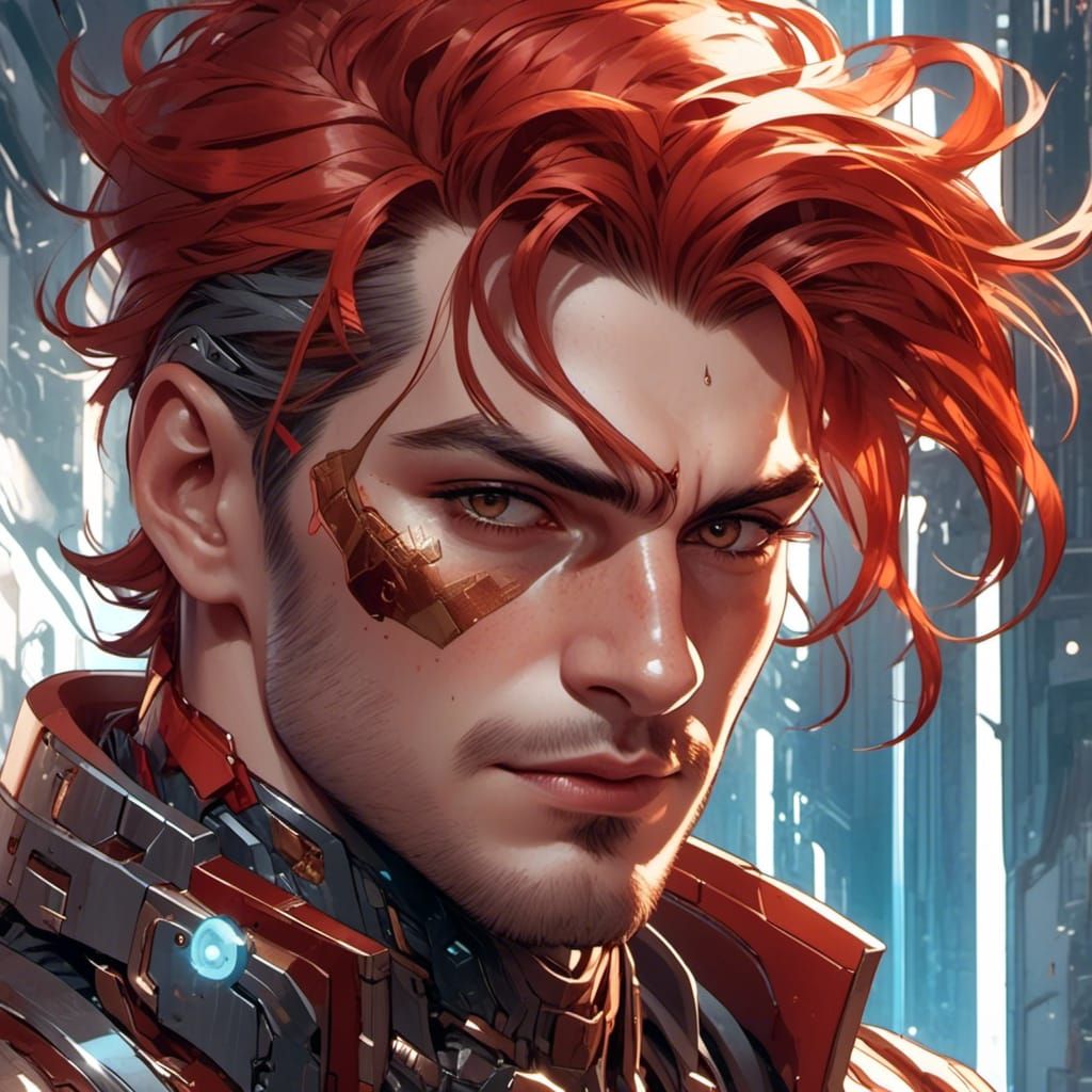 <lora:CUD-Male:1.0> Close up headshot only portrait Gorgeous smirking relaxed pin up cyborg man, bright red wiring hair, sinister and powerf...