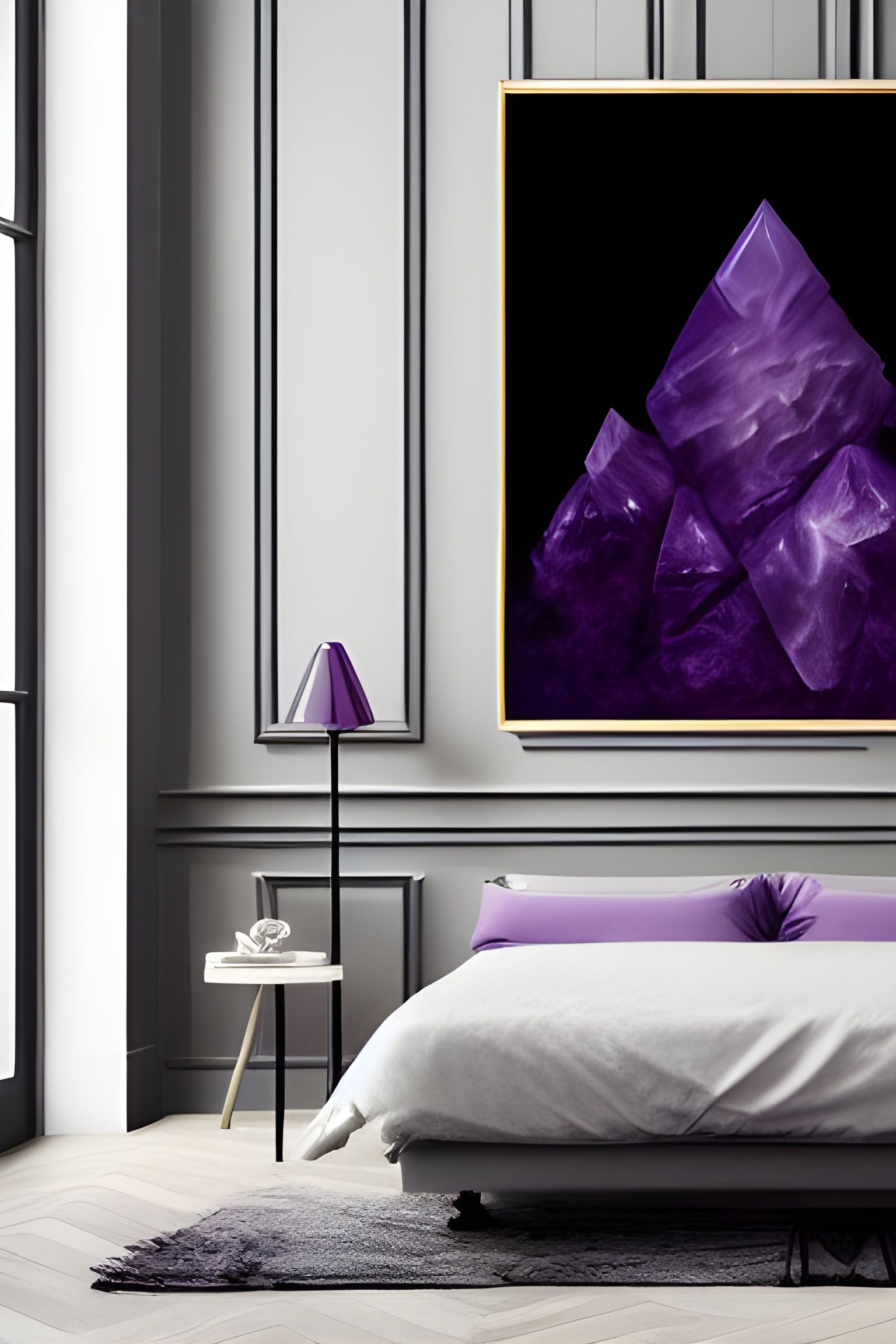 Amethyst Bed in Gothic Black Room: Photorealistic Art