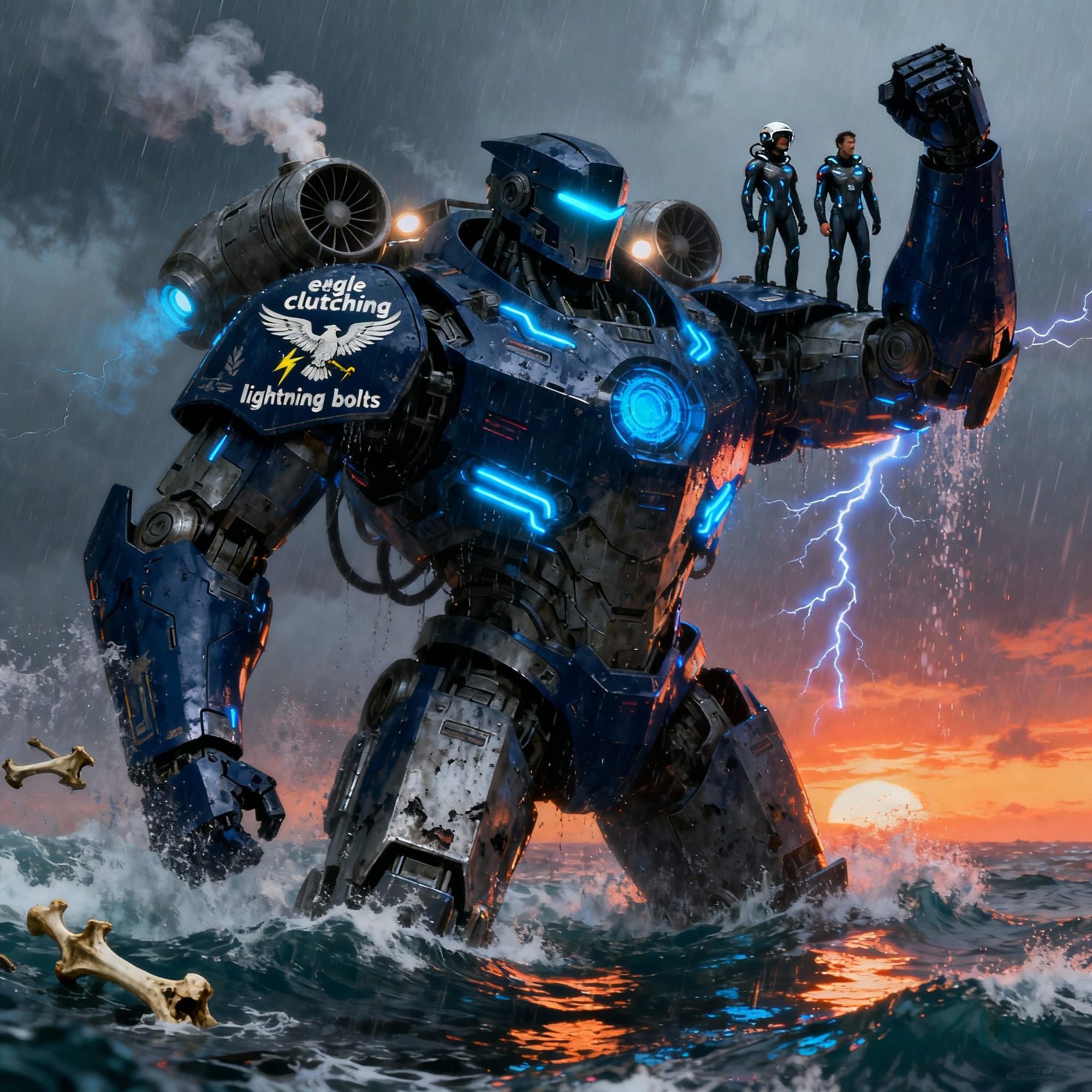 A colossal Jaeger stands in the middle of a stormy ocean, half-submerged as waves crash violently against its armored legs. The machine is a...