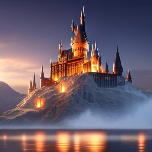 Hogwarts castle during night viewed from the Black Lake