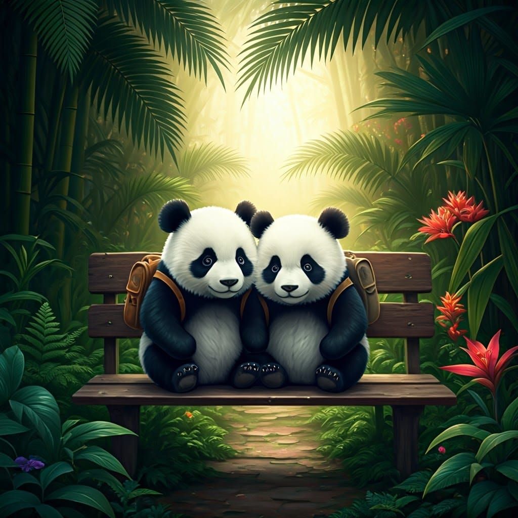 Twin Pandas in Jungle Setting: Fantasy Concept Art