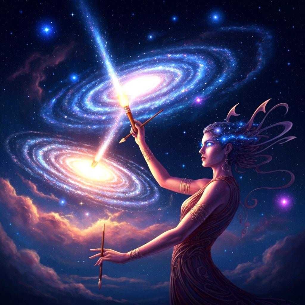 A celestial artist with a brush made of starlight paints a masterpiece across the night sky, creating swirling galaxies and vibrant nebulae....