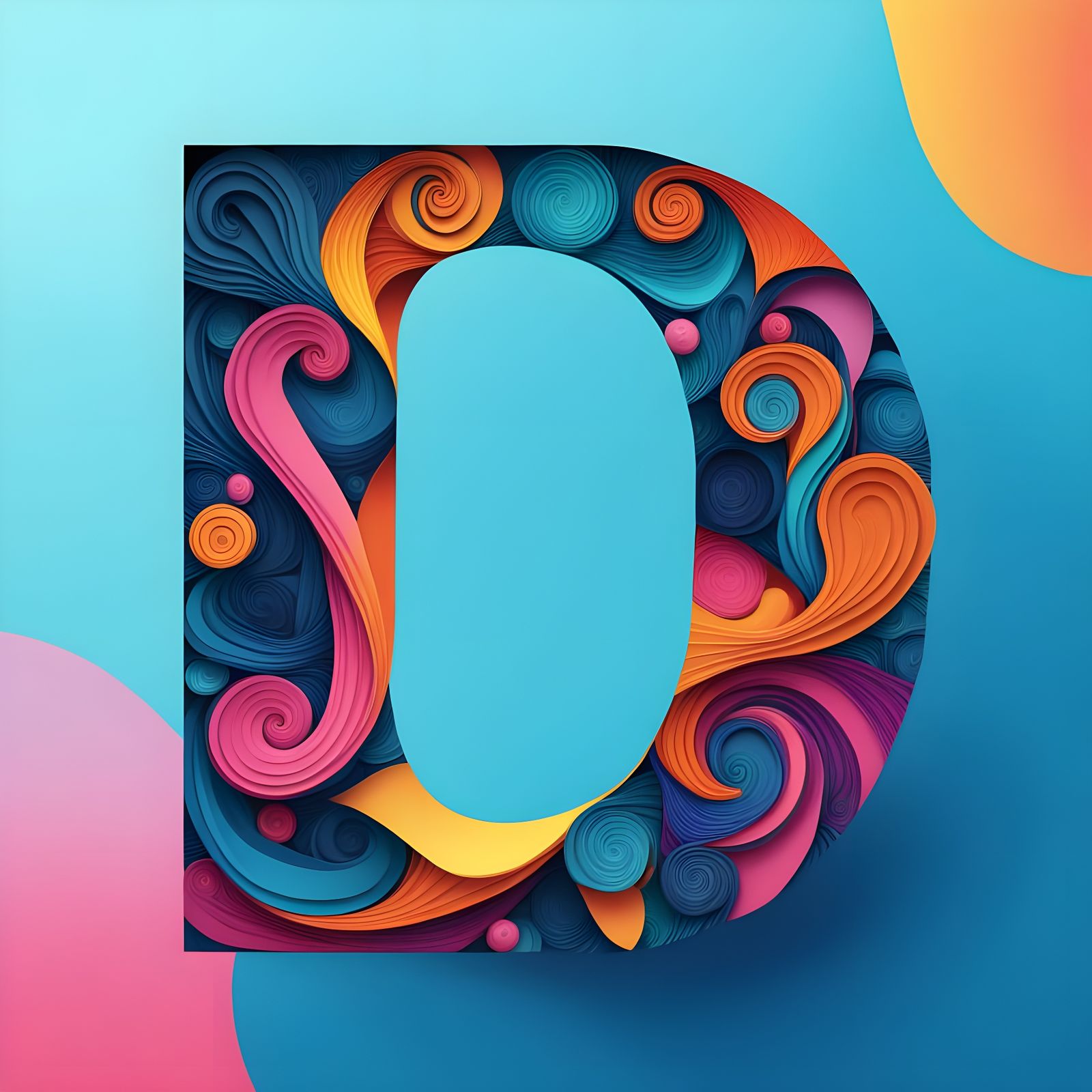 Vibrant Stylized Letter D in Swirling Shapes on Gradient Blu...