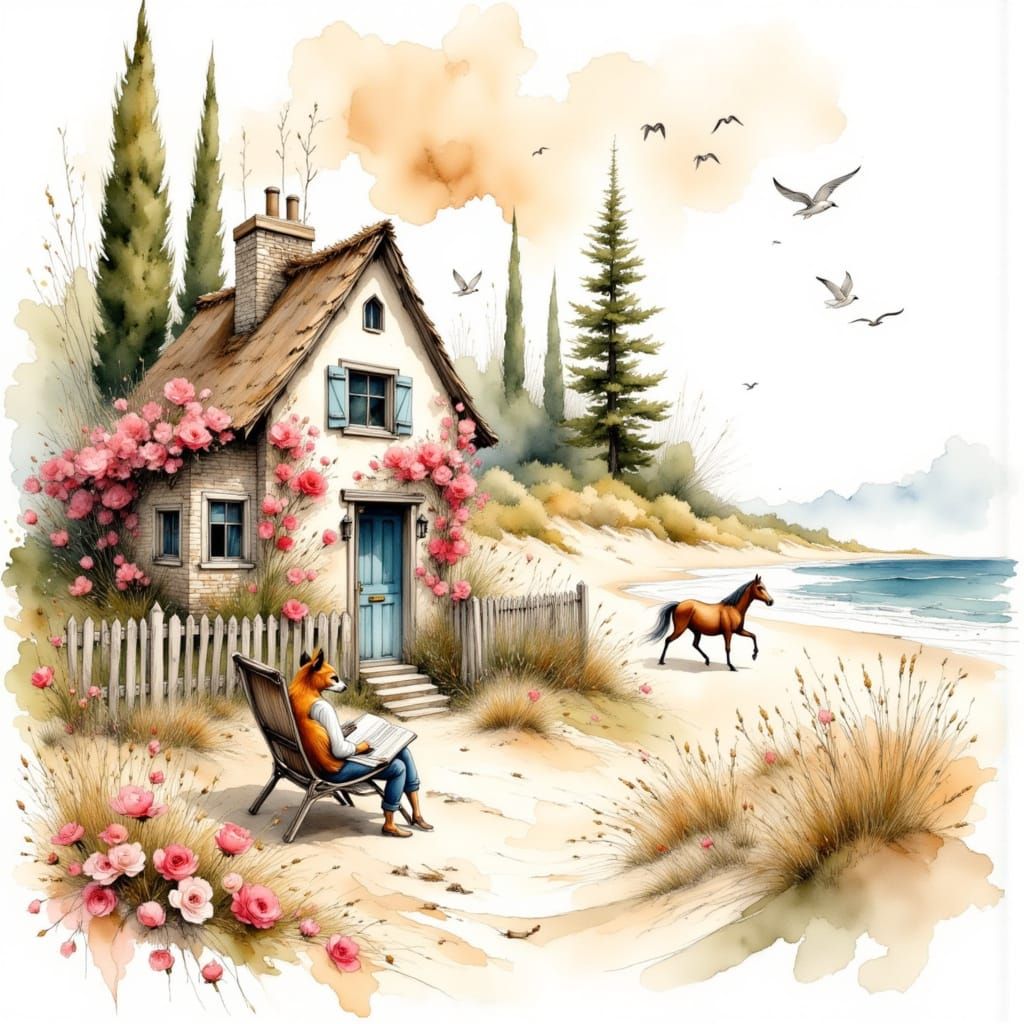 Watercolor Cottage by the Sea with Fox Author