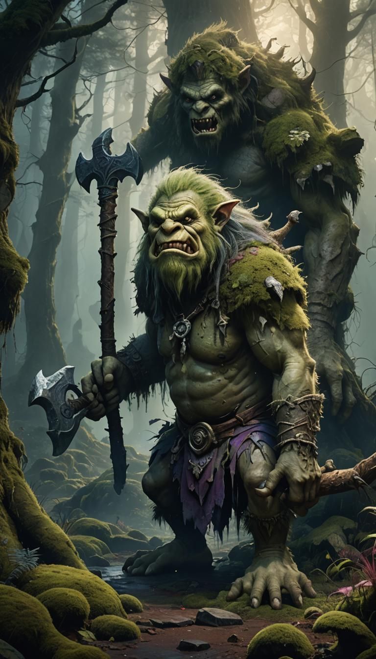 Menacing Troll at Mystical Portal in Misty Forest