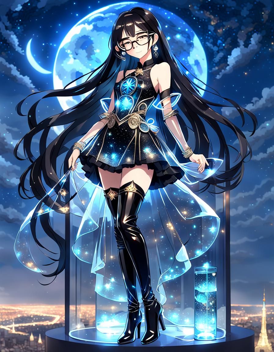 a beautiful woman with extra long shining black hair, glasse...