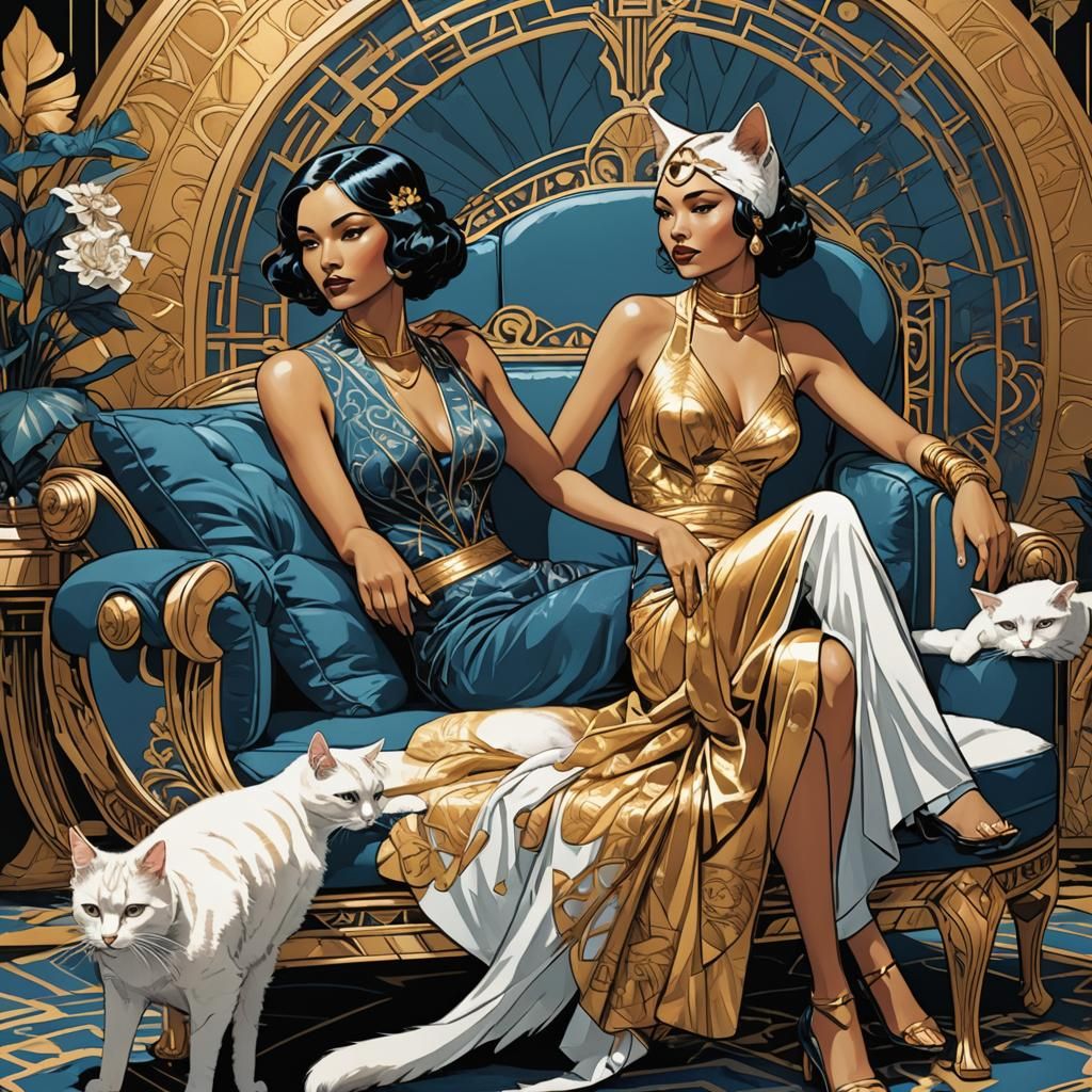 Art Deco native woman on a chaise lounge in blue and gold wi...