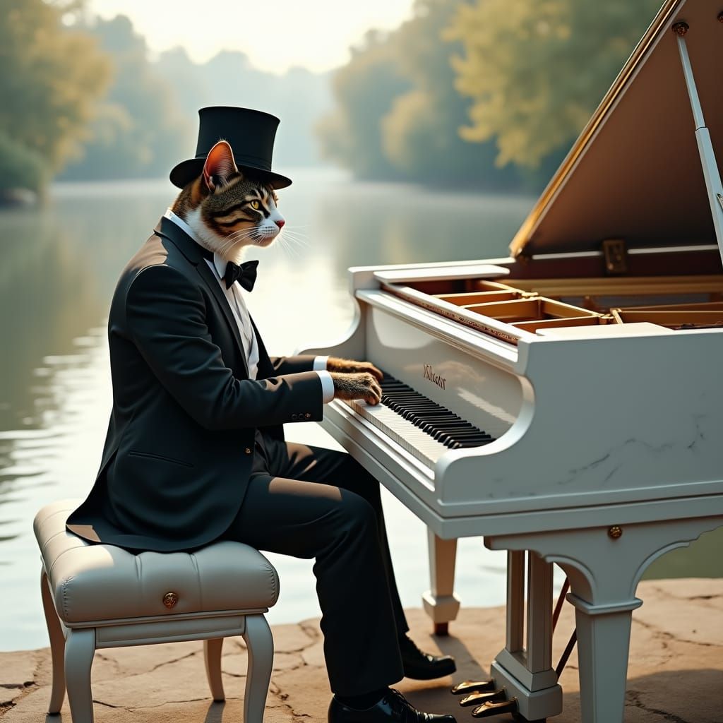 Anthropomorphic Cat Plays Piano on Riverbank