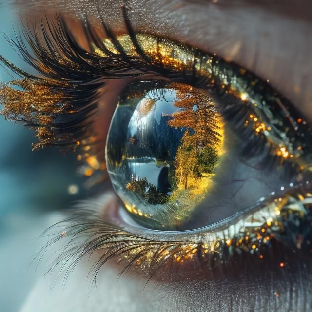 <lora:MJ6 Eyes AR181:1.0> surreal landscape within the eye, macro shot close up of an eye, tilt shift double exposure photography of harmon...