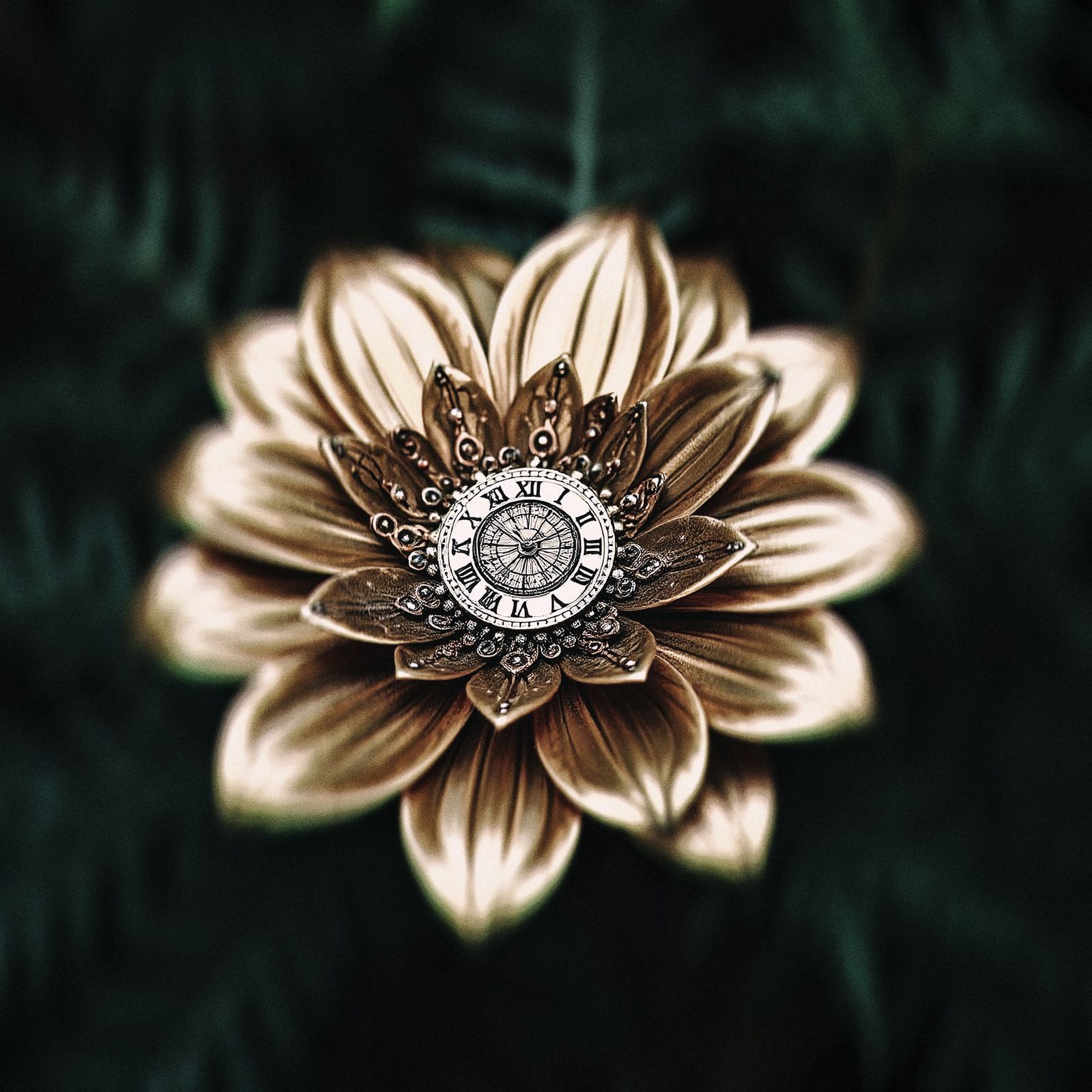 A flower that is a mix of metallic steampunk clockwork petal...