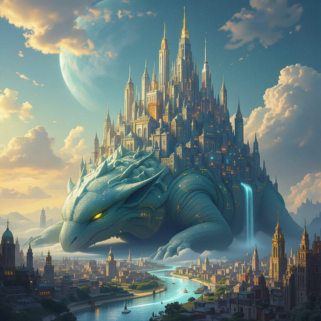 An elaborate, towering city built upon the back of a colossal, slumbering celestial creature. Buildings are intricately designed with imposs...