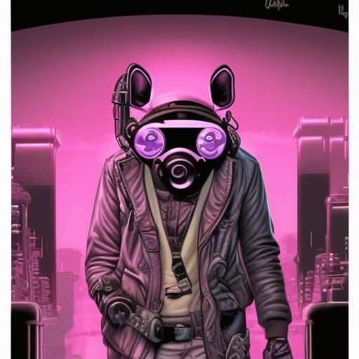 pink panther with gasmask, im cyberpunkstyle,