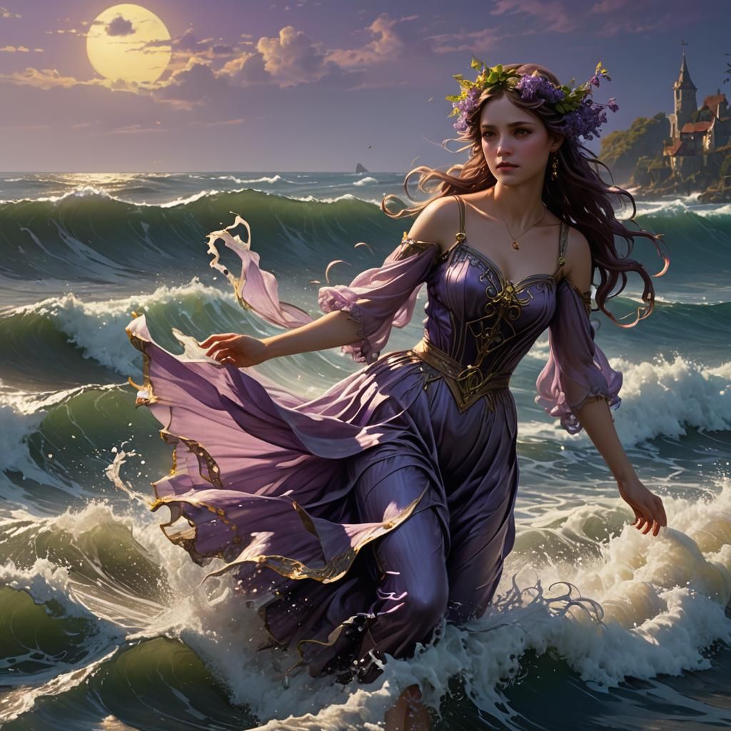 a melancholy lilac eyed meadow fairy being swept out to sea ...