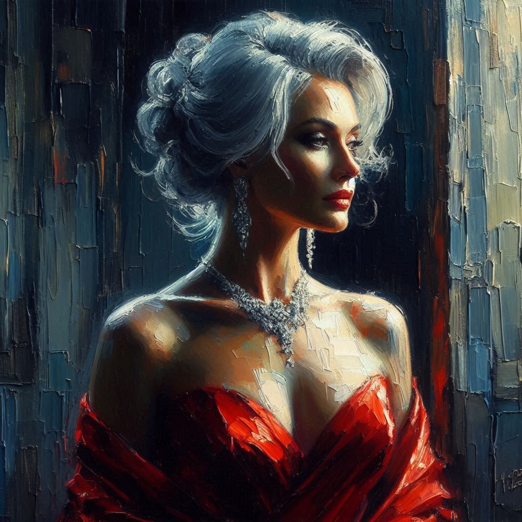 "Lady in Red" in the style of Robert McGuire