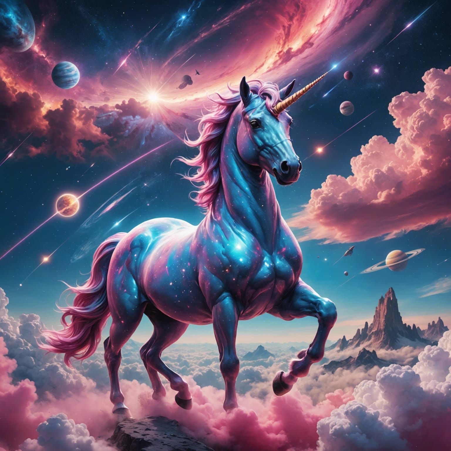 A Asterial Unicorn in Pink and blue gaseous clouds, shooting stars ...