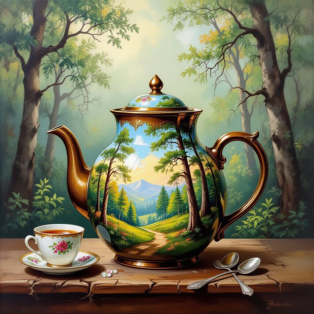 Enchanted Forest in a Teacup: Classic Oil Painting