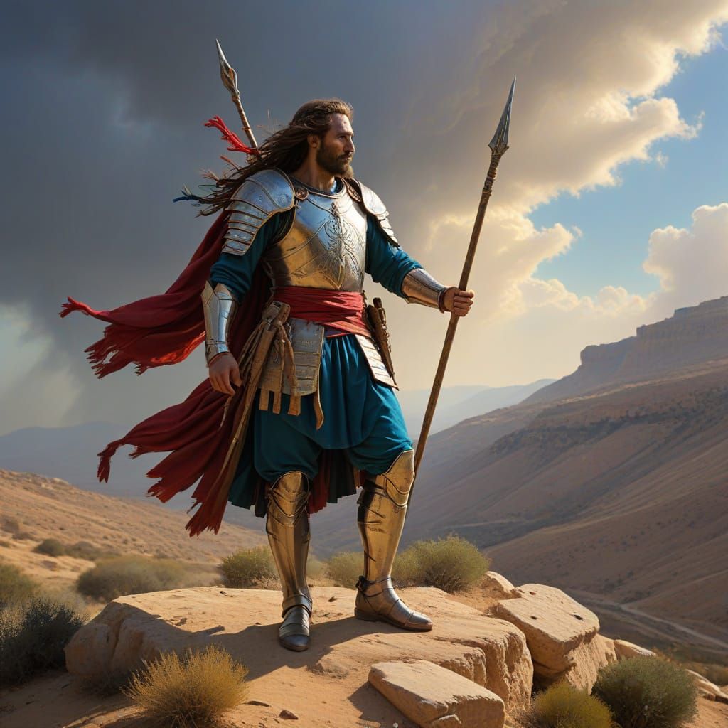 Israeli Warrior in Ancient Armor Stands Triumphant on Desert...