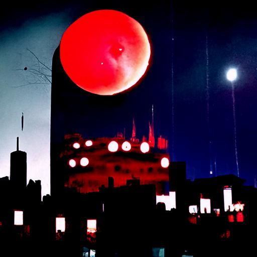 Vintage blood moon shining over a city