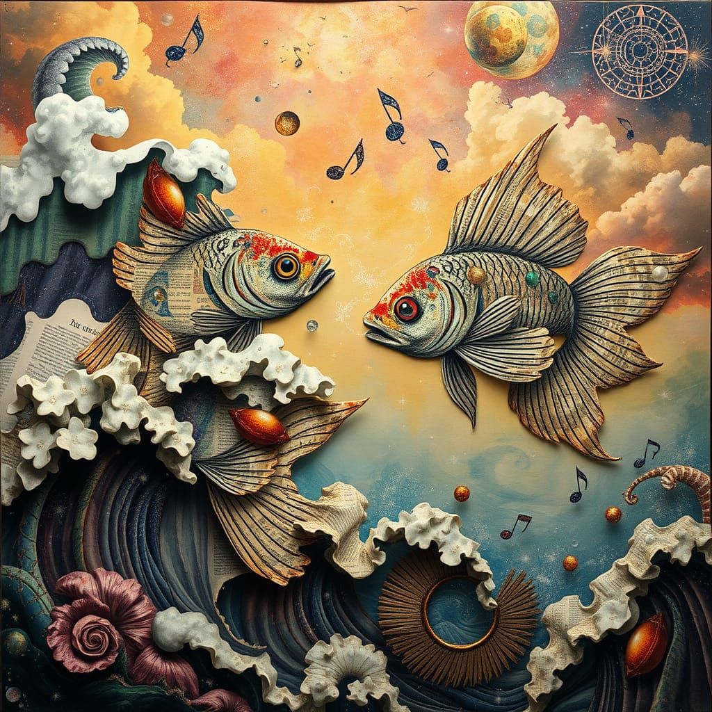 Mystical Pisces Zodiac Scene in Mixed Media Art