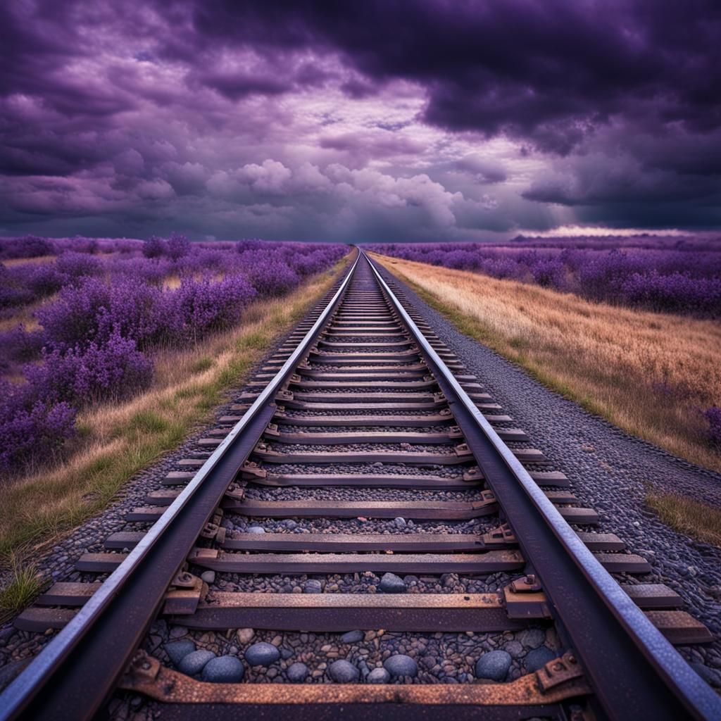 A super realistic, wide long shot of a train track stretching into the distance, with a cloudy sky in ...  by @Challenge