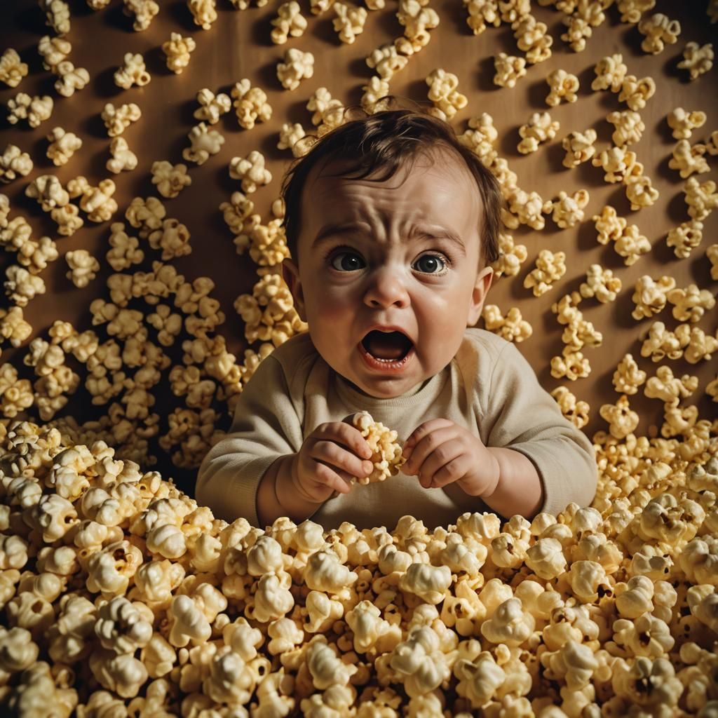 Big size popcorn in hand of small baby, behind them there is popcorn ...